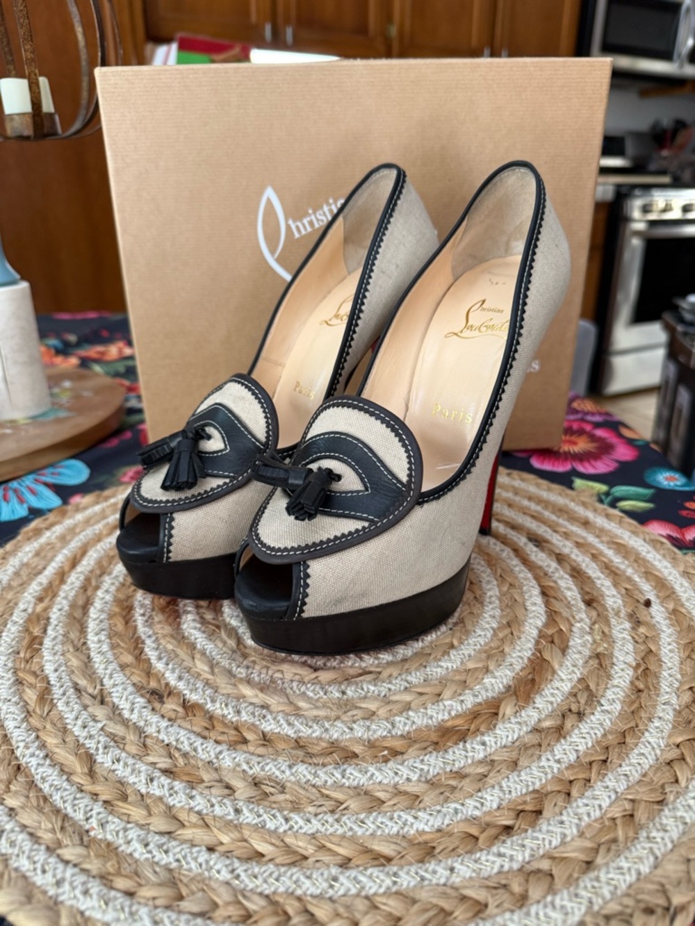 Christian Louboutin Beige and Black Tassel Peep-Toe Platform Pumps
